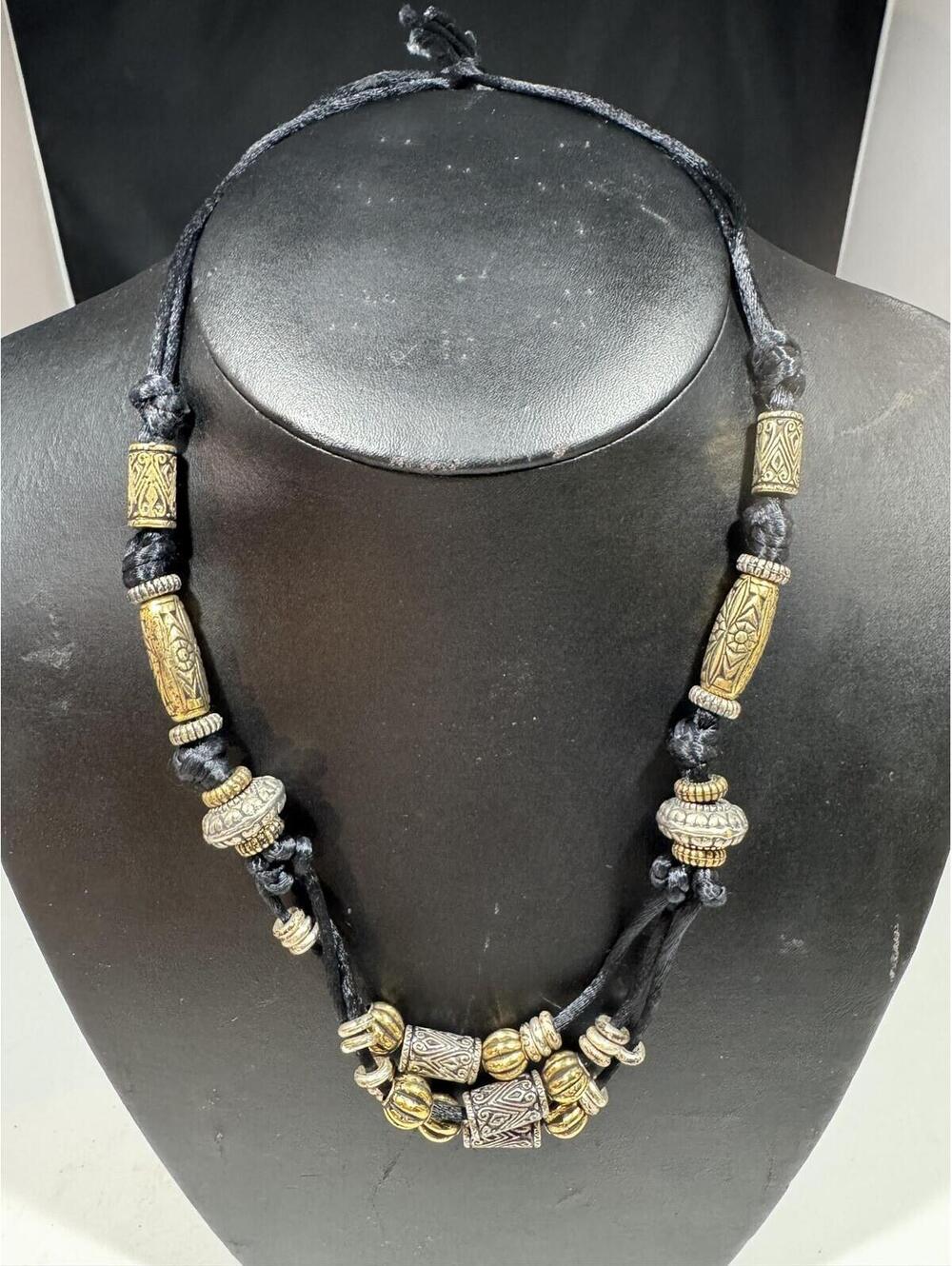 Ethnic Tribal Style Cord Necklace Adjustable Silver Gold Tone Metal Beads Unisex